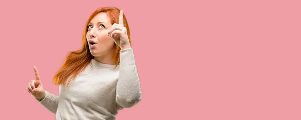 Beautiful Young Redhead Woman Happy Surprised Cheering Expressing Wow Gesture — Stock Photo, Image