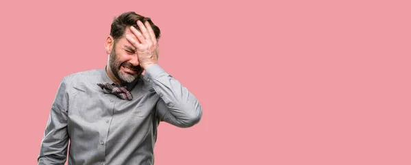 Middle Age Man Beard Bow Tie Stressful Keeping Hand Head — Stock Photo, Image