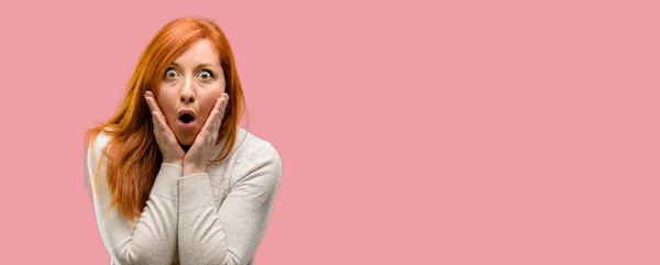 Beautiful Young Redhead Woman Happy Surprised Cheering Expressing Wow Gesture — Stock Photo, Image