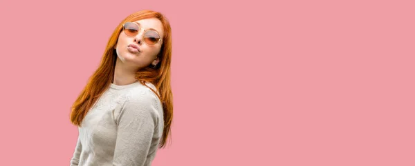 Beautiful Young Redhead Woman Expressing Love Blows Kiss Camera Flirting — Stock Photo, Image