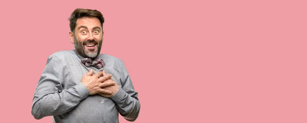 Middle Age Man Beard Bow Tie Having Charming Smile Holding — Stock Photo, Image