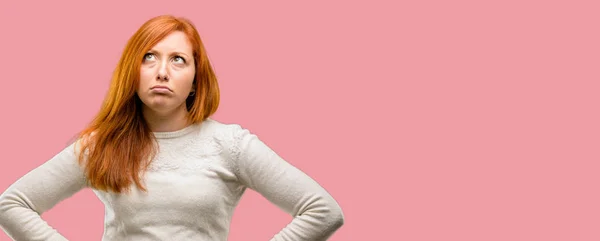 Beautiful Young Redhead Woman Doubt Expression Confuse Wonder Concept Uncertain — Stock Photo, Image