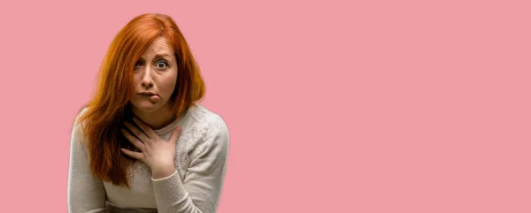 Beautiful Young Redhead Woman Doubt Expression Confuse Wonder Concept Uncertain — Stock Photo, Image