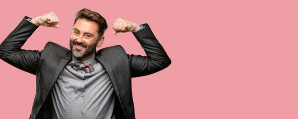 Middle Age Man Beard Bow Tie Showing Biceps Expressing Strength — Stock Photo, Image