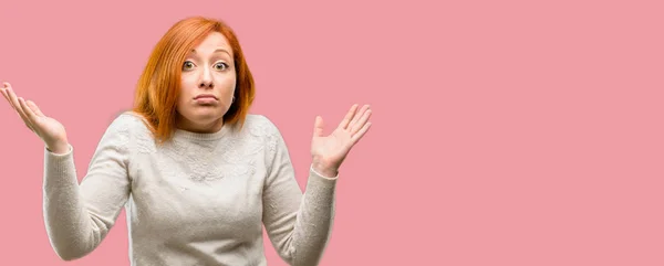 Beautiful Young Redhead Woman Doubt Expression Confuse Wonder Concept Uncertain — Stock Photo, Image
