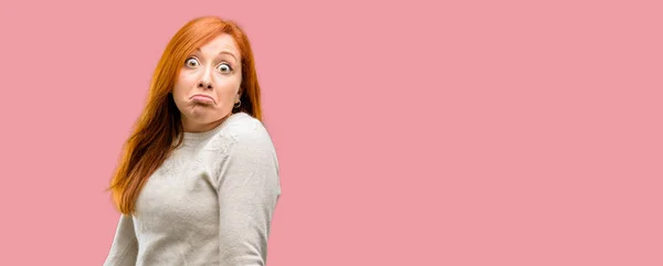 Beautiful Young Redhead Woman Doubt Expression Confuse Wonder Concept Uncertain — Stock Photo, Image