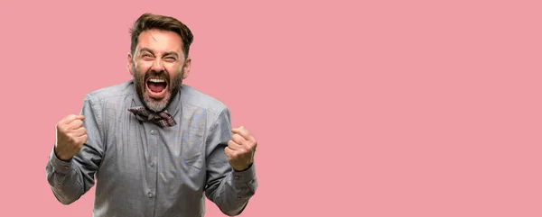 Middle Age Man Beard Bow Tie Happy Excited Celebrating Victory — Stock Photo, Image