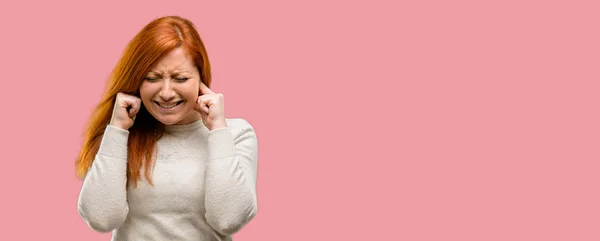 Beautiful Young Redhead Woman Covering Ears Ignoring Annoying Loud Noise — Stock Photo, Image