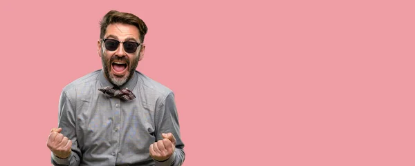 Middle Age Man Beard Bow Tie Happy Excited Celebrating Victory — Stock Photo, Image