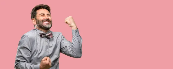 Middle Age Man Beard Bow Tie Happy Excited Celebrating Victory — Stock Photo, Image