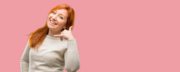 Beautiful Young Redhead Woman Happy Excited Making Showing Call Gesture — Stock Photo, Image
