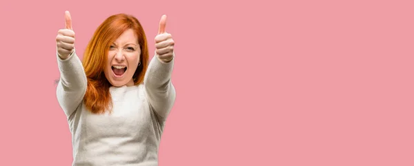 Beautiful Young Redhead Woman Stand Happy Positive Thumbs Approving Big — Stock Photo, Image