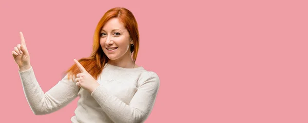 Beautiful Young Redhead Woman Pointing Away Side Finger — Stock Photo, Image