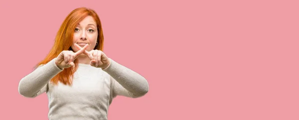 Beautiful Young Redhead Woman Annoyed Bad Attitude Making Stop Sign — Stock Photo, Image