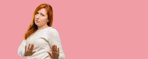 Beautiful Young Redhead Woman Annoyed Bad Attitude Making Stop Sign — Stock Photo, Image