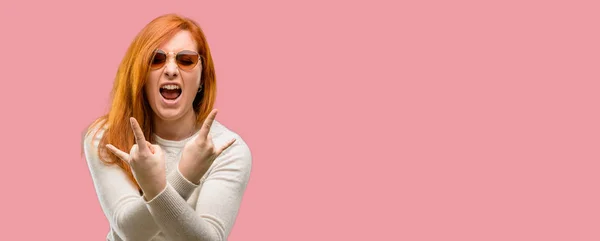 Beautiful Young Redhead Woman Making Rock Symbol Hands Shouting Celebrating — Stock Photo, Image