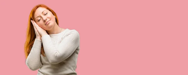 Beautiful Young Redhead Woman Tired Bored Tired Because Long Day — Stock Photo, Image