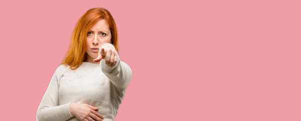 Beautiful Young Redhead Woman Pointing Front Finger — Stock Photo, Image