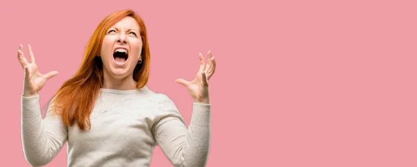 Beautiful Young Redhead Woman Terrified Nervous Expressing Anxiety Panic Gesture — Stock Photo, Image