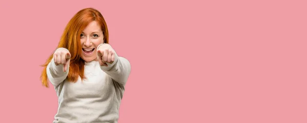 Beautiful Young Redhead Woman Pointing Front Finger — Stock Photo, Image