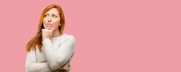 Beautiful Young Redhead Woman Thinking Thoughtful Smart Face — Stock Photo, Image