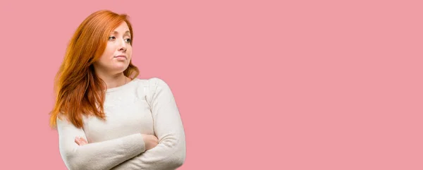 Beautiful Young Redhead Woman Crossed Arms Confident Happy Big Natural — Stock Photo, Image