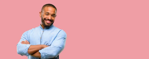 Africano Americano Com Barba Com Braços Cruzados Confiante Feliz Com — Fotografia de Stock