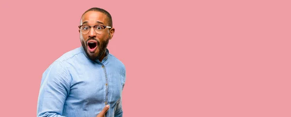 African American Man Beard Happy Surprised Cheering Expressing Wow Gesture — Stock Photo, Image