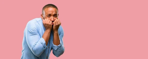 African American Man Beard Terrified Nervous Expressing Anxiety Panic Gesture — Stock Photo, Image