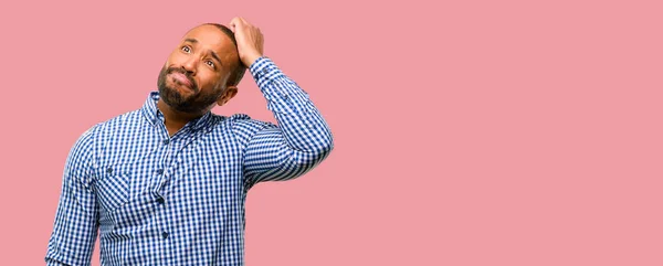 African American Man Beard Doubt Expression Confuse Wonder Concept Uncertain — Stock Photo, Image