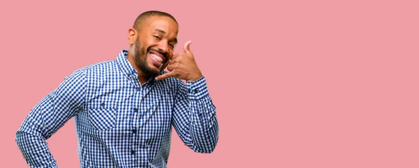 African American Man Beard Happy Excited Making Showing Call Gesture — Stock Photo, Image