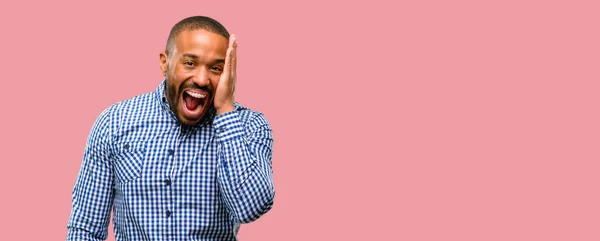 African American Man Beard Happy Confident Showing Big Smile Surprised — Stock Photo, Image