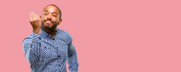African american man with beard angry gesturing typical italian gesture with hand, looking to camera