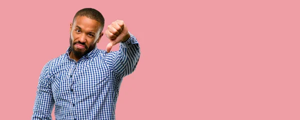 Афроамериканців Людини Борода Показ Несхвалення Нещасна Ознака Подобаються Від Ємні — стокове фото