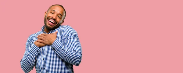 African American Man Beard Having Charming Smile Holding Hands Heart — Stock Photo, Image