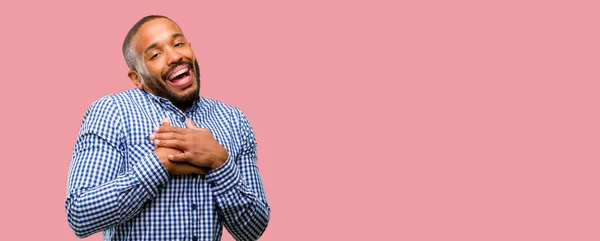 African American Man Beard Having Charming Smile Holding Hands Heart — Stock Photo, Image