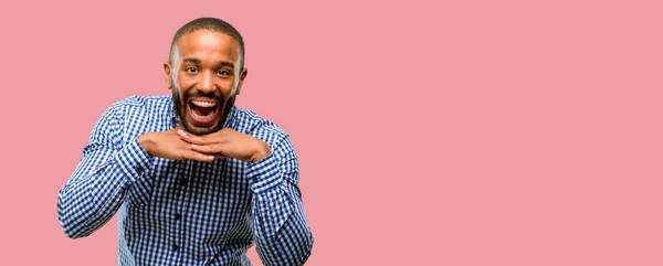 African American Man Beard Happy Surprised Cheering Expressing Wow Gesture — Stock Photo, Image