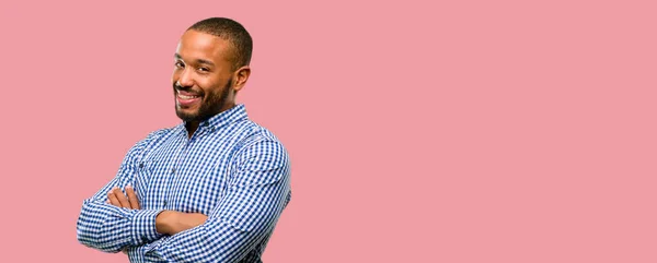 African American Man Beard Crossed Arms Confident Happy Big Natural — Stock Photo, Image