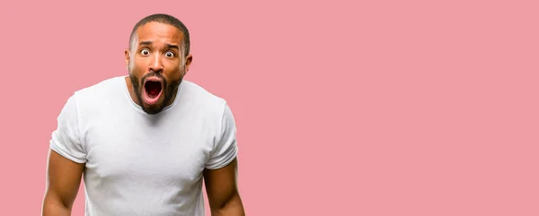 African American Man Beard Happy Surprised Cheering Expressing Wow Gesture — Stock Photo, Image