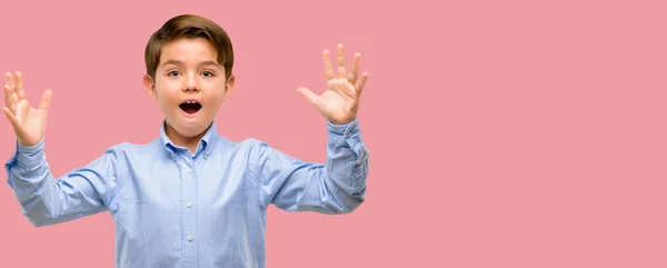 Handsome Toddler Child Green Eyes Happy Surprised Cheering Expressing Wow — Stock Photo, Image