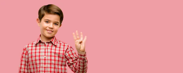 Niño Guapo Con Los Ojos Verdes Levantando Dedo Número Cuatro —  Fotos de Stock