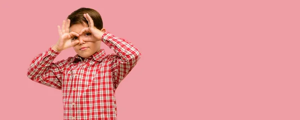 Handsome Toddler Child Green Eyes Looking Camera Fingers Gesture Imitating — Stock Photo, Image