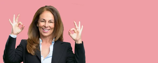 Middle Age Business Woman Doing Sign Gesture Both Hands Expressing — Stock Photo, Image