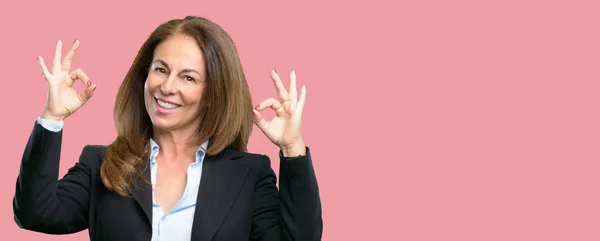 Middle Age Business Woman Doing Sign Gesture Both Hands Expressing — Stock Photo, Image