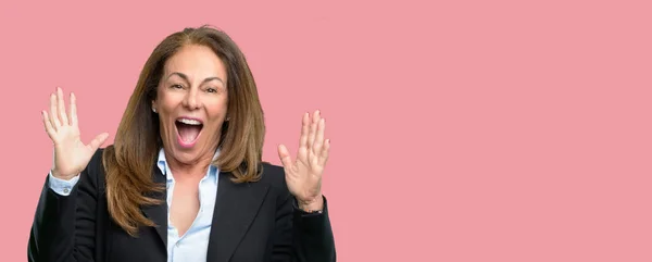 Middle Age Business Woman Happy Surprised Cheering Expressing Wow Gesture — Stock Photo, Image