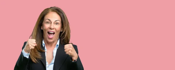 Middle Age Business Woman Happy Excited Expressing Winning Gesture Successful — Stock Photo, Image