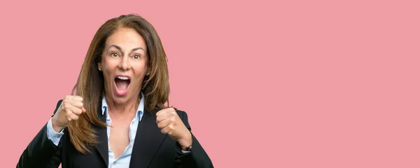 Middle Age Business Woman Happy Excited Expressing Winning Gesture Successful — Stock Photo, Image