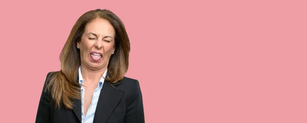 Middle Age Business Woman Feeling Disgusted Tongue Out — Stock Photo, Image
