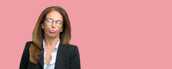 Middle Age Business Woman Making Funny Face Fooling — Stock Photo, Image