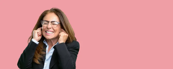 Middle Age Business Woman Covering Ears Ignoring Annoying Loud Noise — Stock Photo, Image